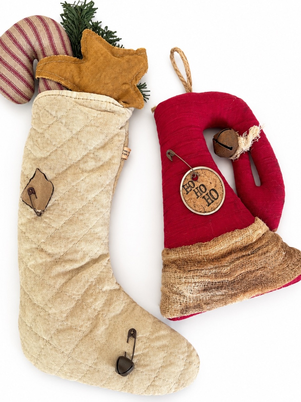 Rustic Holiday Stocking and Hat Set - Red & Beige